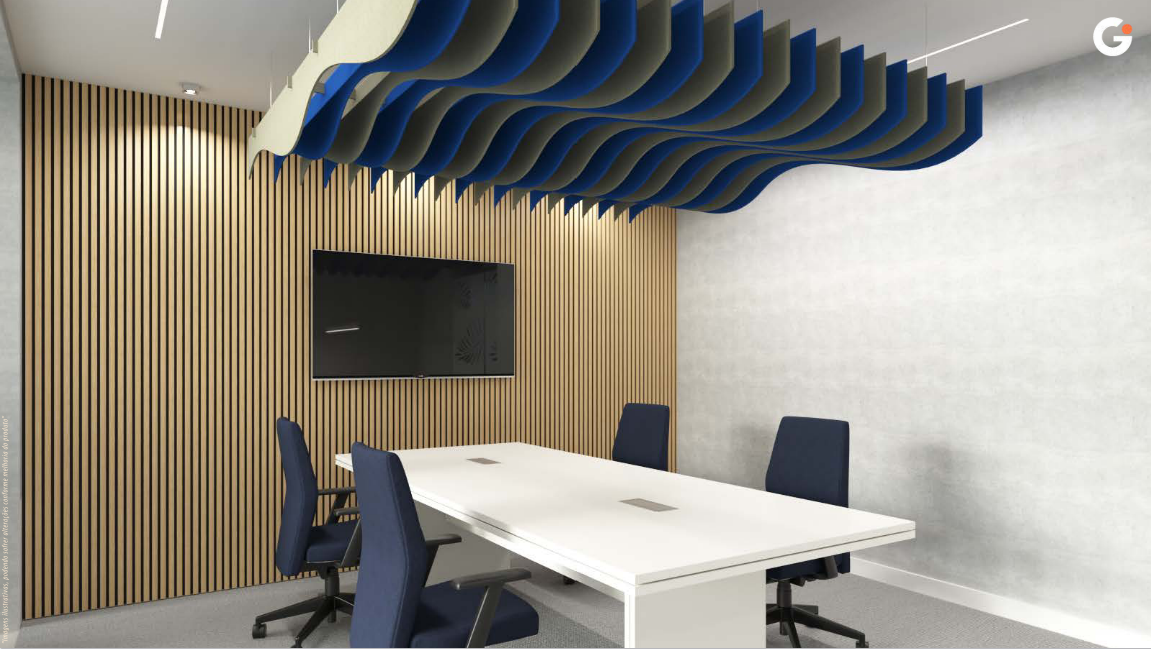 Sala de reunião com baffles acústicos no teto