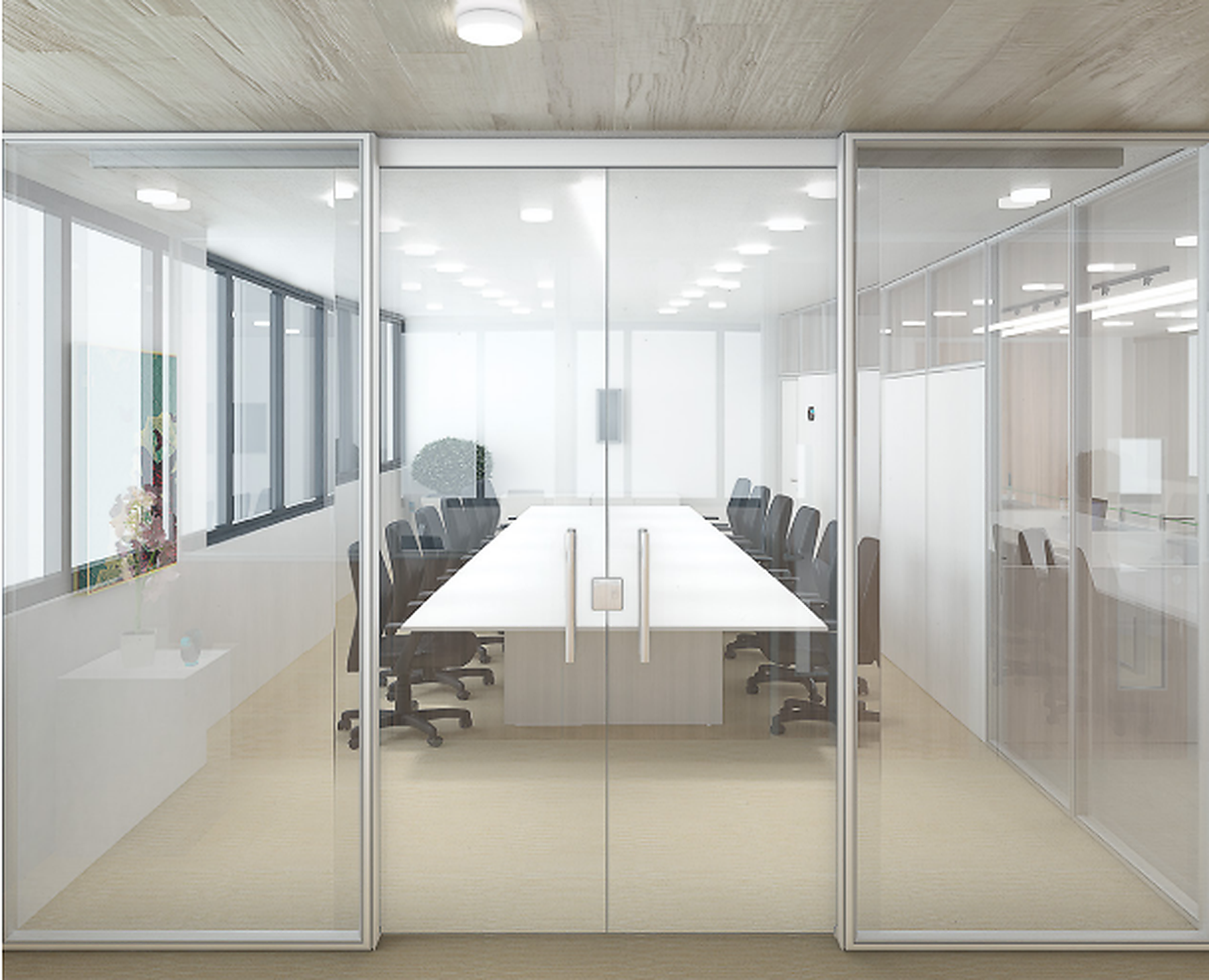 Sala de reunião envidraçada com divisórias piso-teto