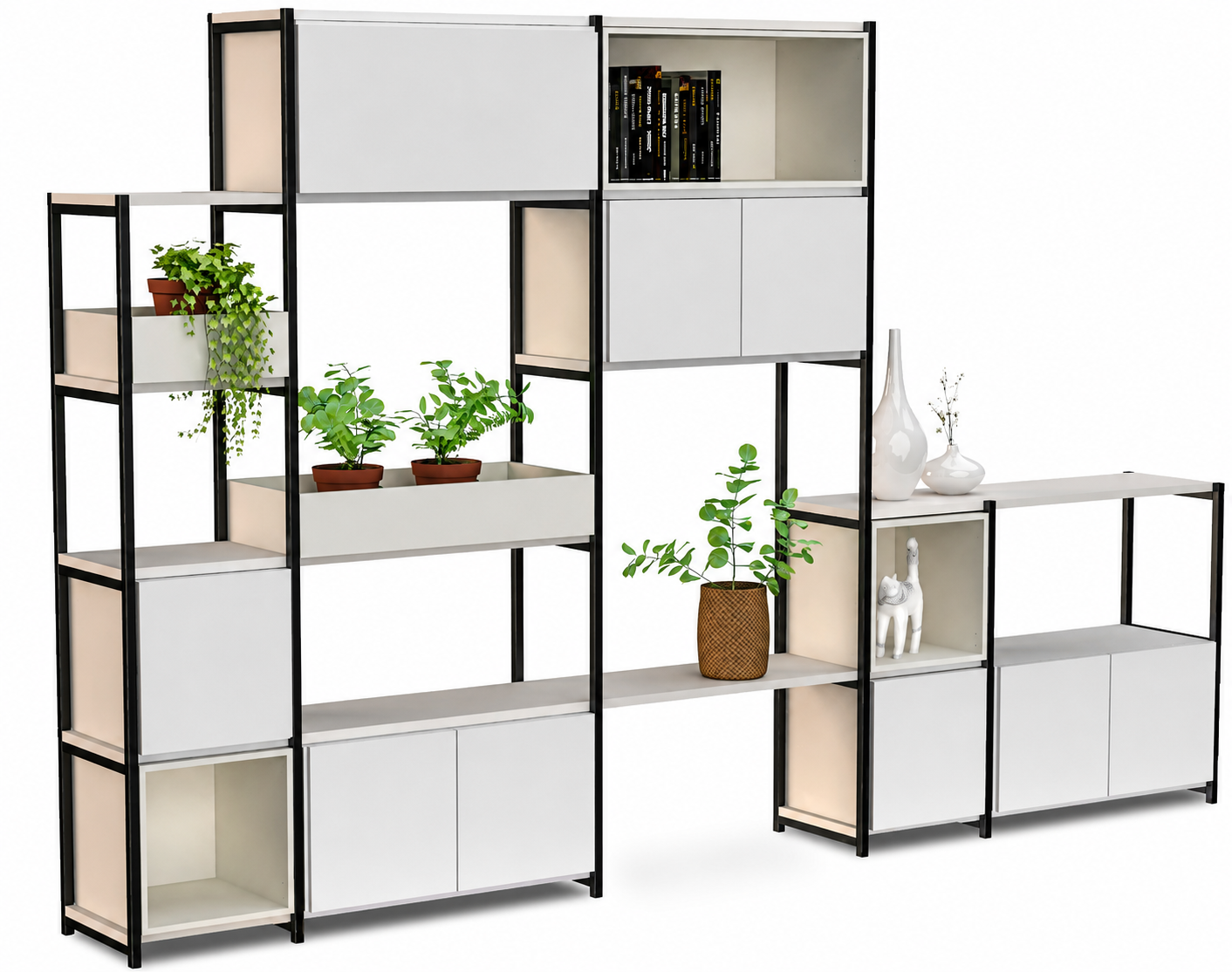 Espaço colaborativo com estantes modulares e estar