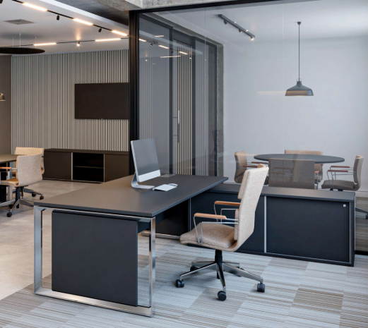 Sala executiva renderizada em 3D antes da execução